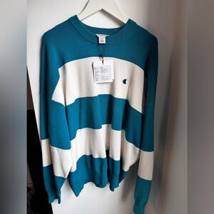 Calvin Klein Teal and White Striped Crewneck Sweater